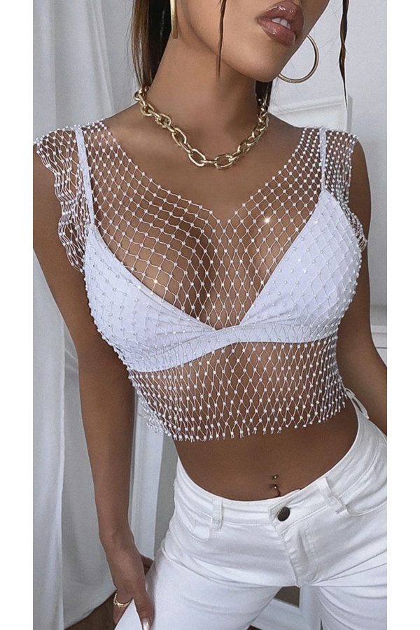 Trend Parlak Kristal Taşlı File V Yaka Büstiyer Crop Bluz — Beyaz