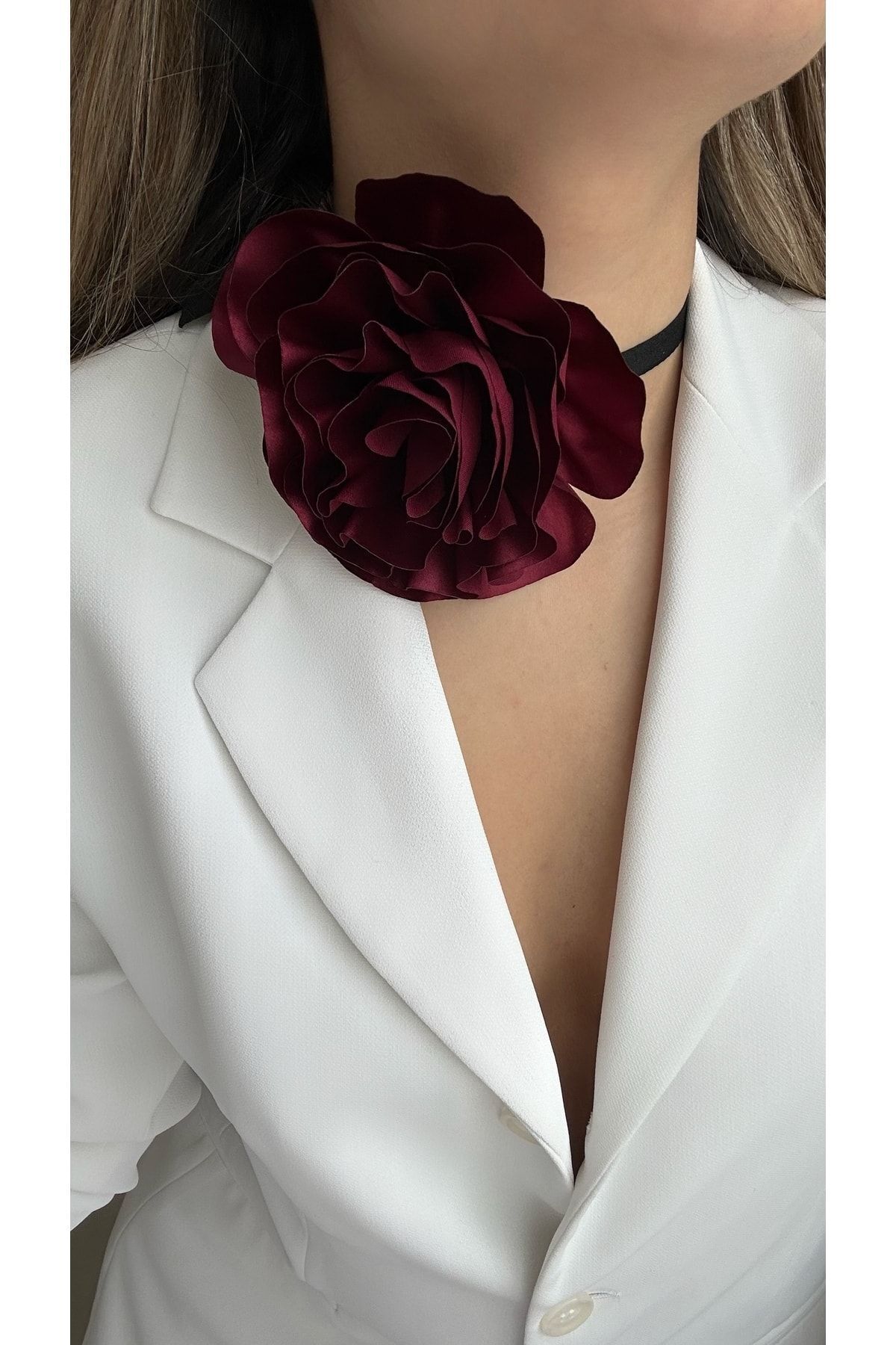 Bağcıklı Kumaş Çiçek Choker Kolye Gül Kolye — Bordo