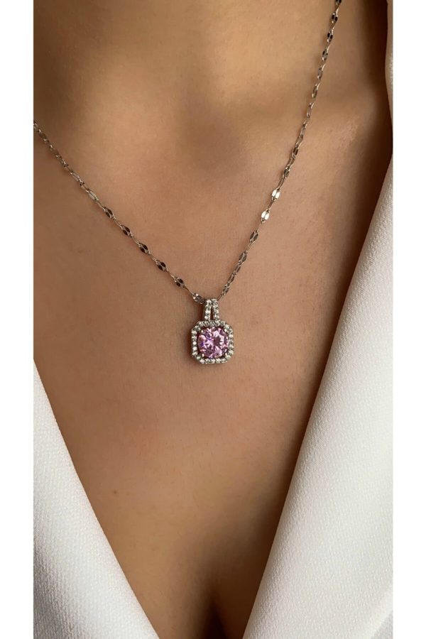 Kararmaz Solmaz Zirkon Pembe Tek Taş Çelik Kolye Gümüş — Gümüş